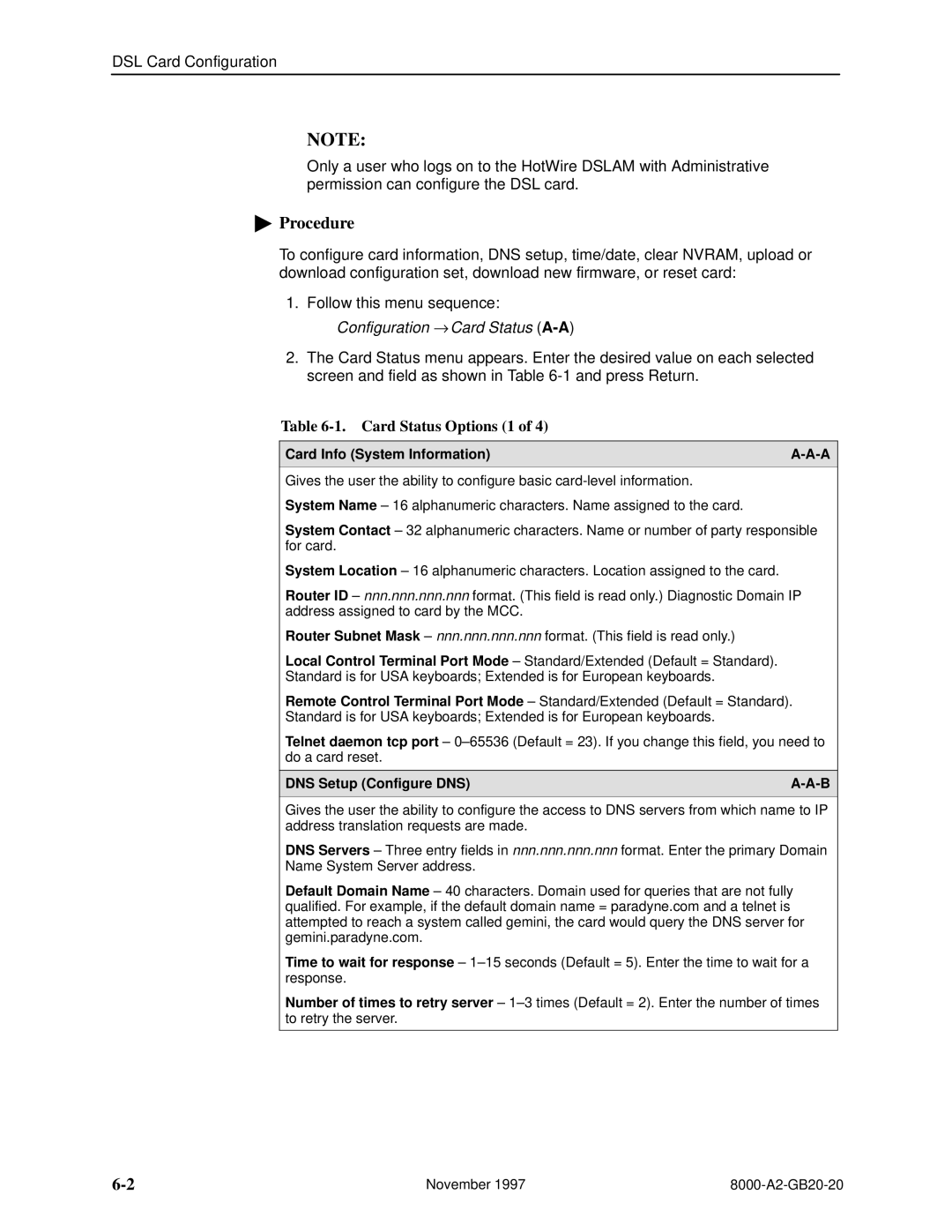 Paradyne 8546, 8540 manual Card Status Options 1, Card Info System Information 