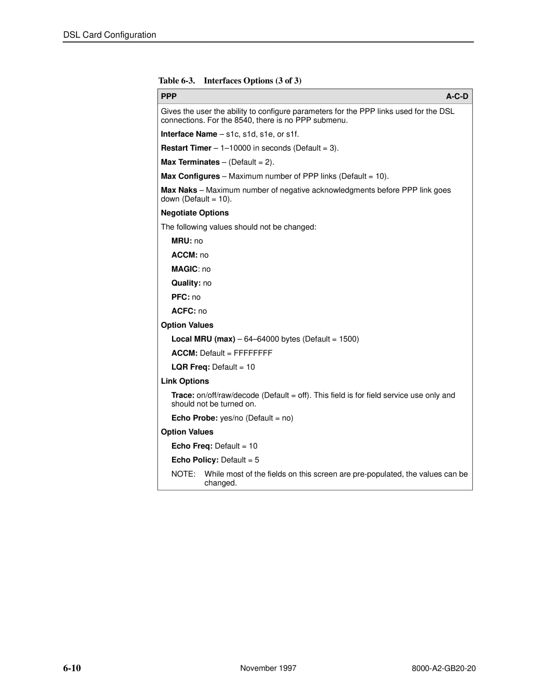 Paradyne 8546, 8540 manual Interfaces Options 3, Negotiate Options, Link Options, Echo Policy Default = 