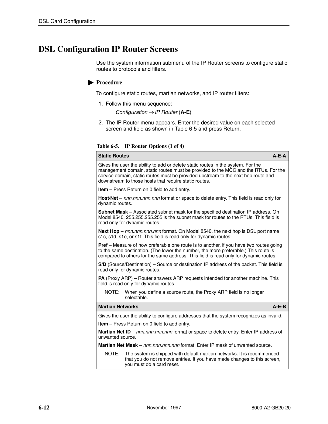 Paradyne 8546, 8540 manual DSL Configuration IP Router Screens, IP Router Options 1 