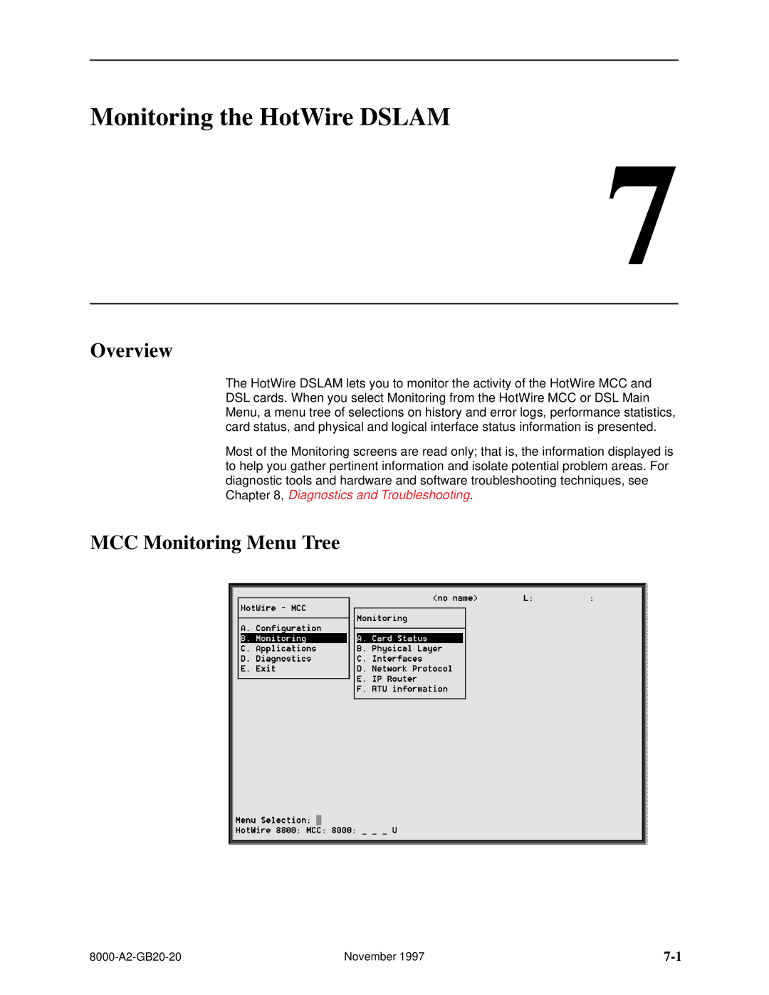 Paradyne 8540, 8546 manual Monitoring the HotWire Dslam, MCC Monitoring Menu Tree 