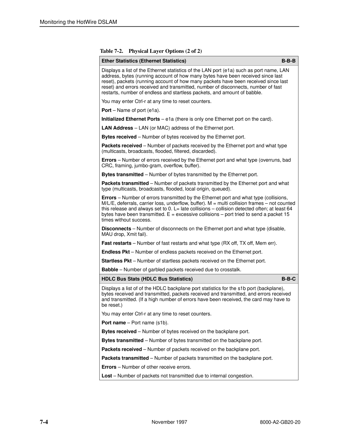 Paradyne 8546, 8540 Physical Layer Options 2, Ether Statistics Ethernet Statistics, Hdlc Bus Stats Hdlc Bus Statistics 