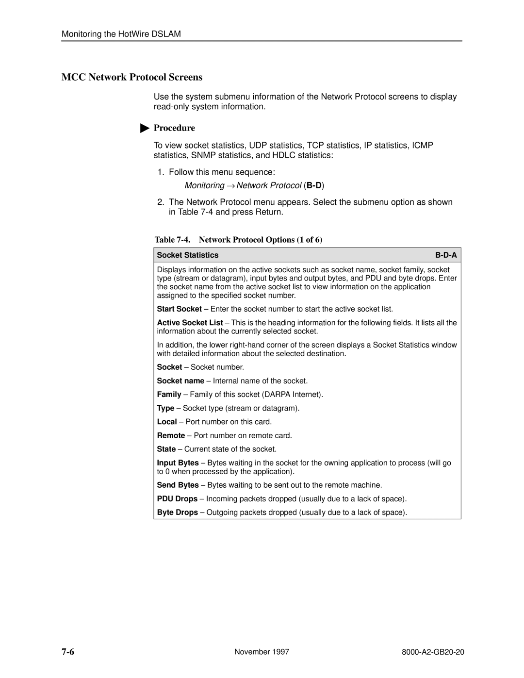 Paradyne 8546, 8540 manual MCC Network Protocol Screens, Network Protocol Options 1, Socket Statistics 