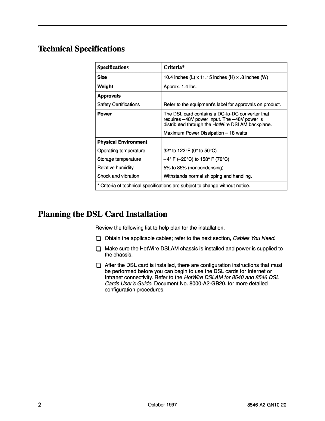 Paradyne 8546 installation instructions Technical Specifications, Planning the DSL Card Installation, Criteria 