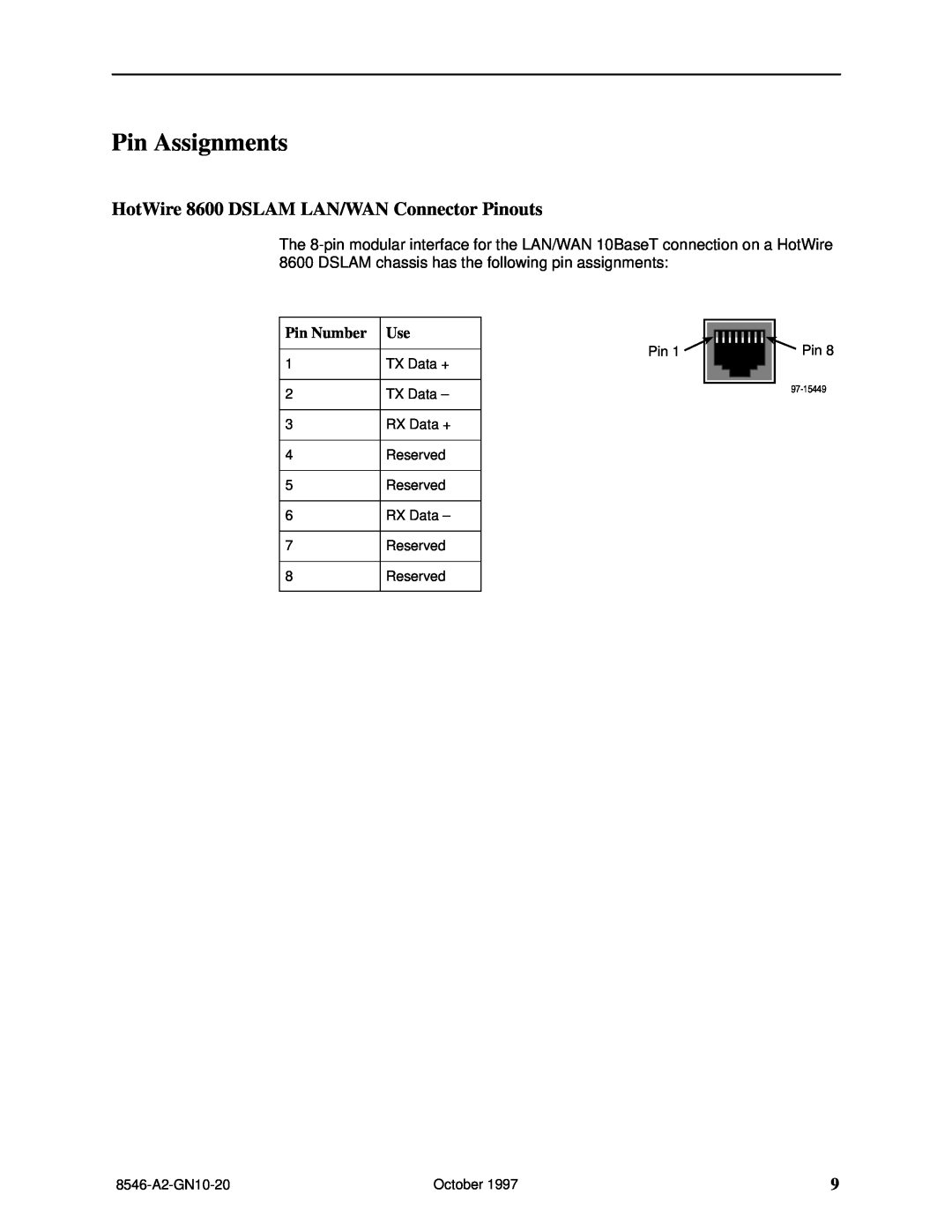 Paradyne 8546 installation instructions Pin Assignments, HotWire 8600 DSLAM LAN/WAN Connector Pinouts 