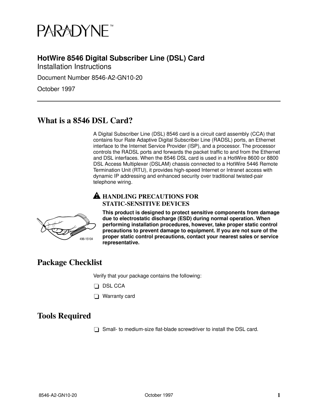 Paradyne installation instructions What is a 8546 DSL Card?, Package Checklist, Tools Required 