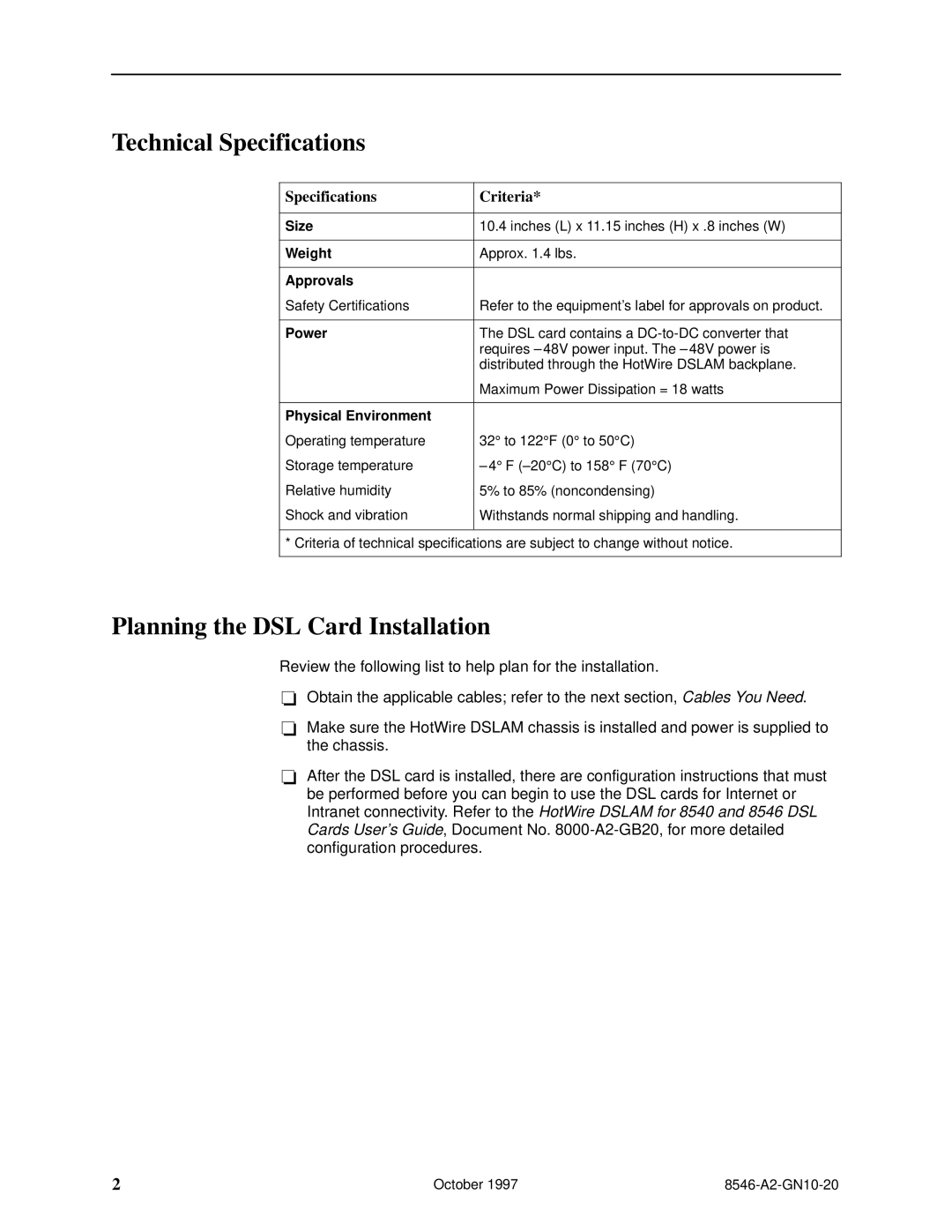 Paradyne 8546 Technical Specifications, Planning the DSL Card Installation, Specifications Criteria 