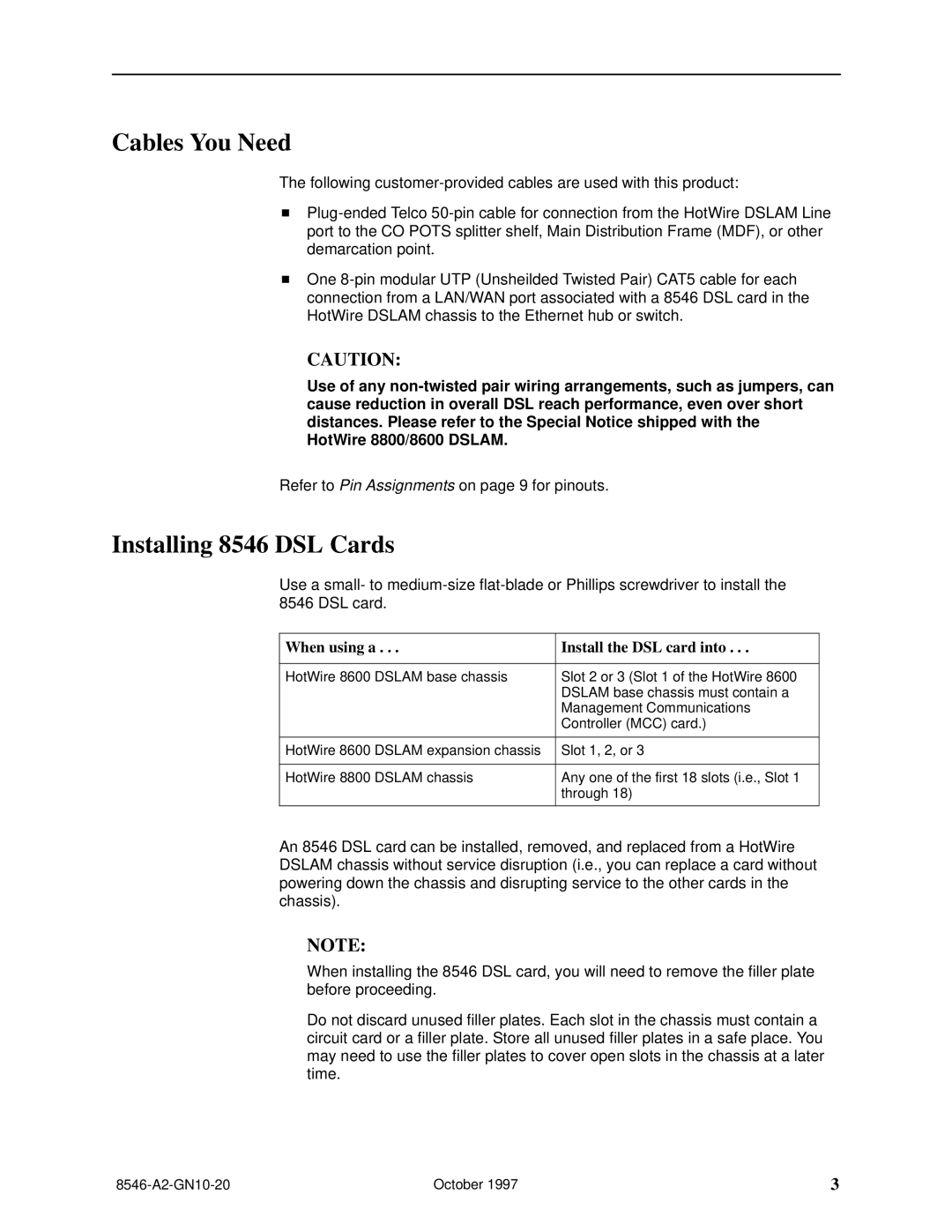 Paradyne installation instructions Cables You Need, Installing 8546 DSL Cards, When using a Install the DSL card into 