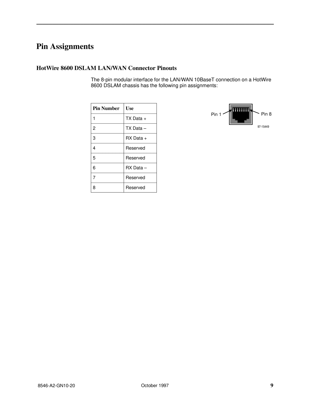 Paradyne 8546 installation instructions Pin Assignments, HotWire 8600 Dslam LAN/WAN Connector Pinouts, Pin Number Use 