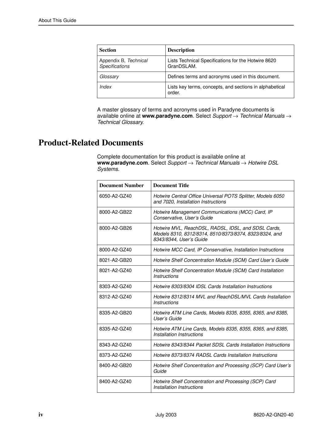 Paradyne Hotwire 8620 GranDSLAM Installation Guide manual Product-Related Documents, Document Number Document Title 