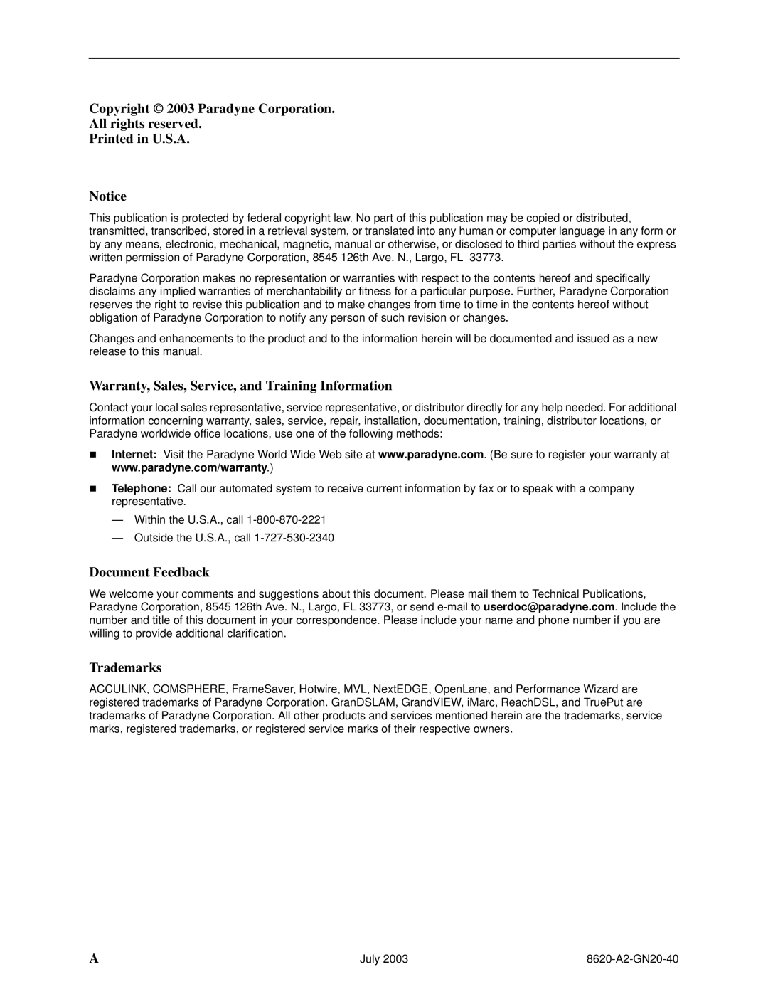 Paradyne Hotwire 8620 GranDSLAM Installation Guide manual Copyright 2003 Paradyne Corporation All rights reserved 