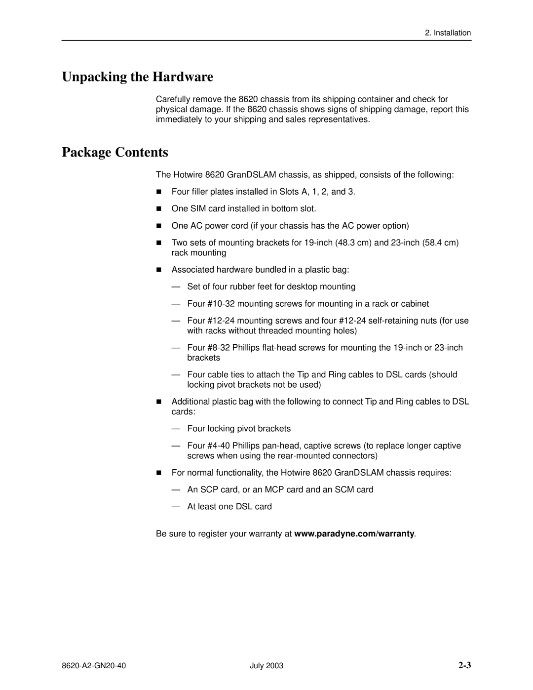 Paradyne Hotwire 8620 GranDSLAM Installation Guide manual Unpacking the Hardware, Package Contents 