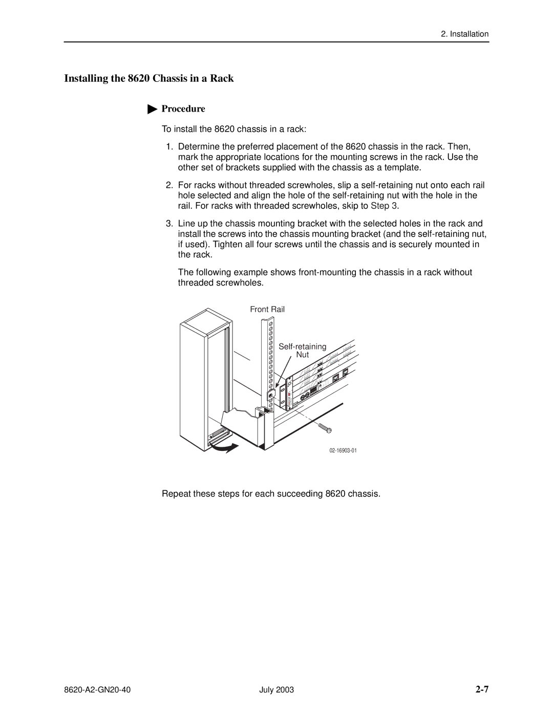 Paradyne Hotwire 8620 GranDSLAM Installation Guide manual Installing the 8620 Chassis in a Rack, Nut 