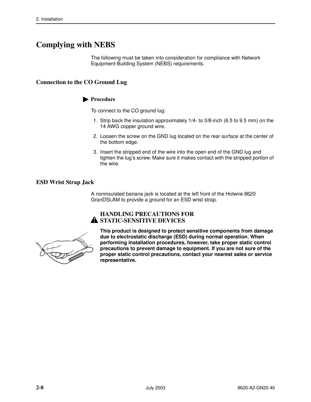 Paradyne 8620 manual Complying with Nebs, Connection to the CO Ground Lug, ESD Wrist Strap Jack 