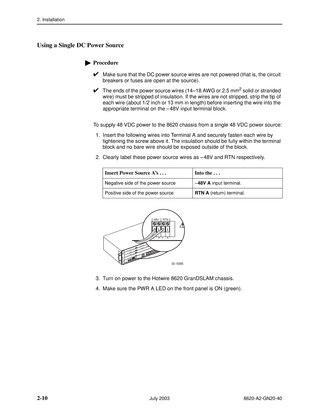 Paradyne Hotwire 8620 GranDSLAM Installation Guide manual Using a Single DC Power Source, Insert Power Source A’s Into 