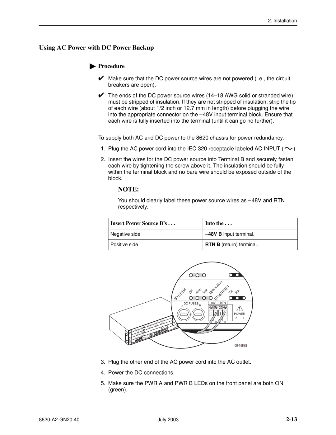 Paradyne Hotwire 8620 GranDSLAM Installation Guide manual Using AC Power with DC Power Backup, Insert Power Source B’s Into 