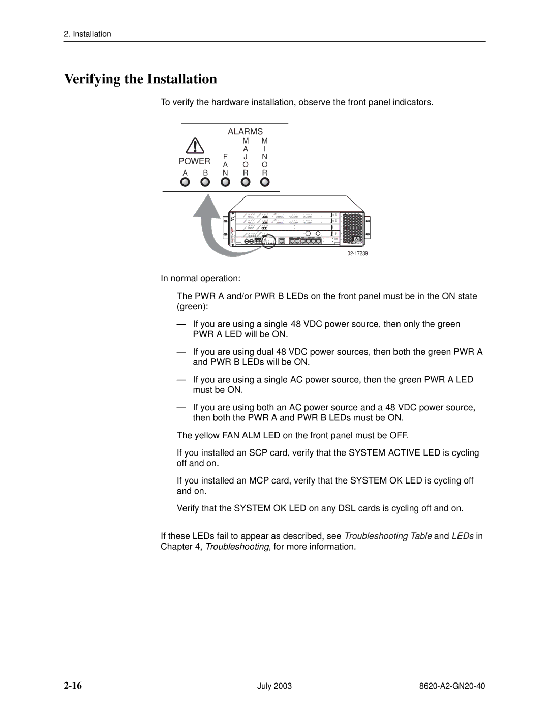 Paradyne Hotwire 8620 GranDSLAM Installation Guide manual Verifying the Installation, Alarms 