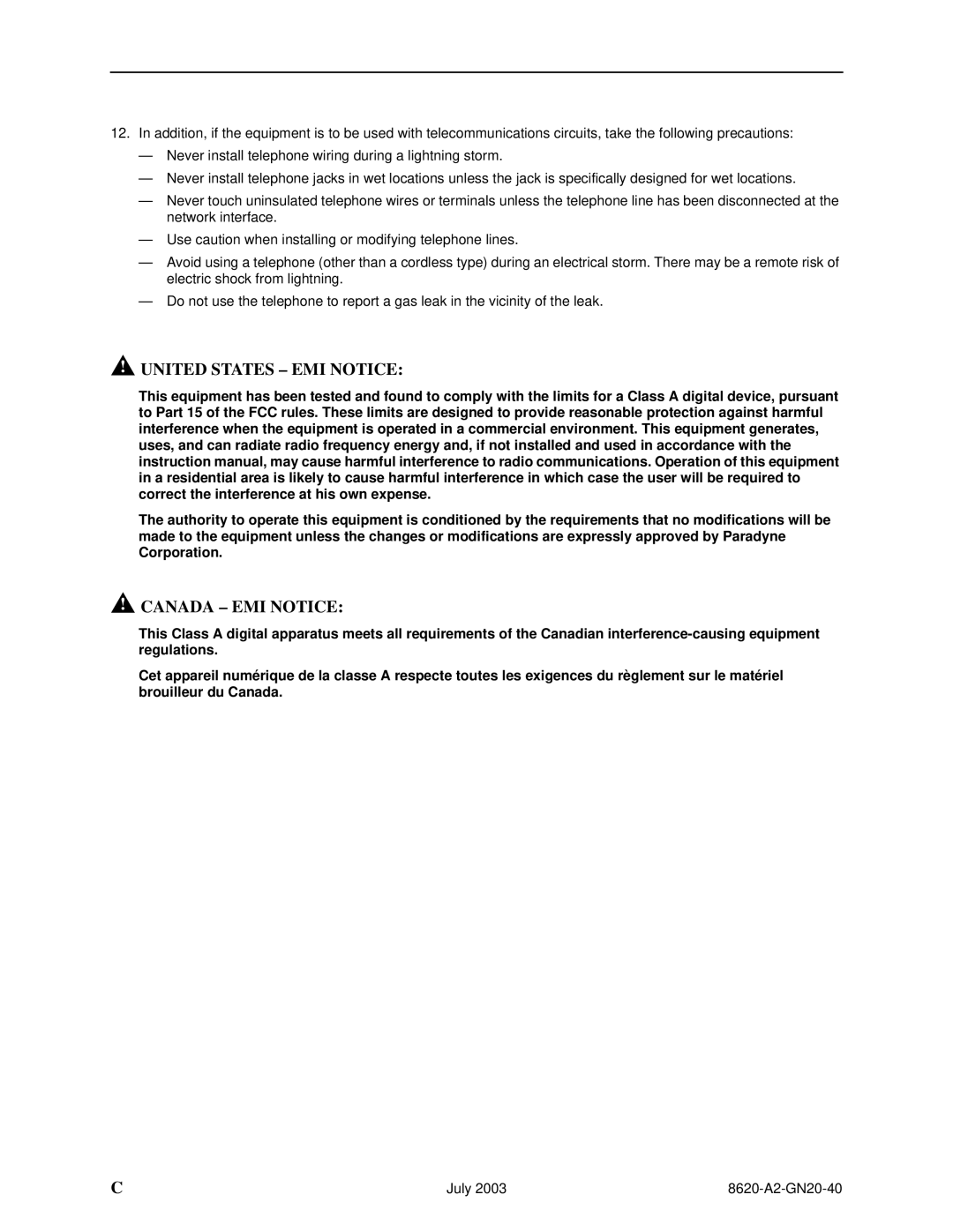 Paradyne Hotwire 8620 GranDSLAM Installation Guide manual United States EMI Notice 