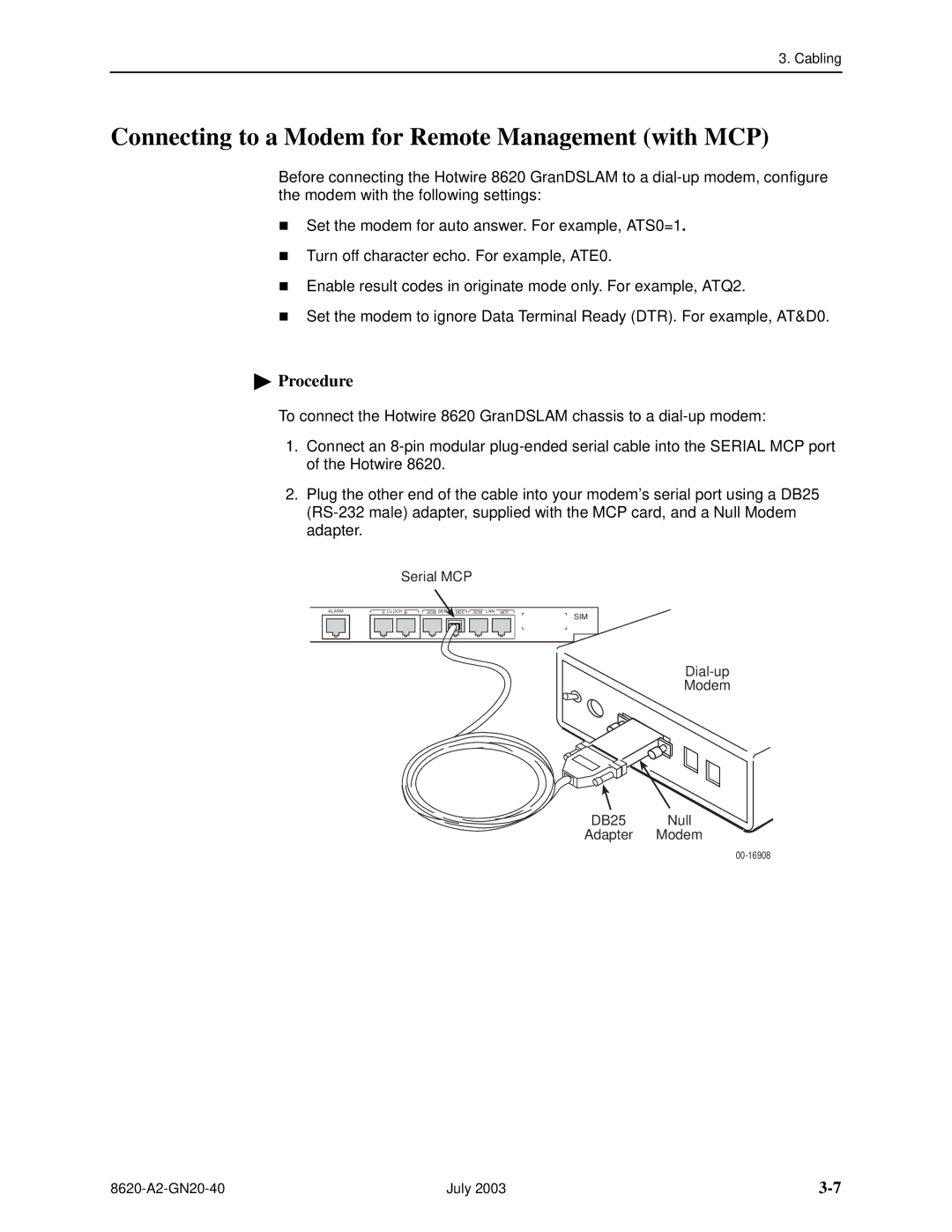 Paradyne Hotwire 8620 GranDSLAM Installation Guide manual Connecting to a Modem for Remote Management with MCP 