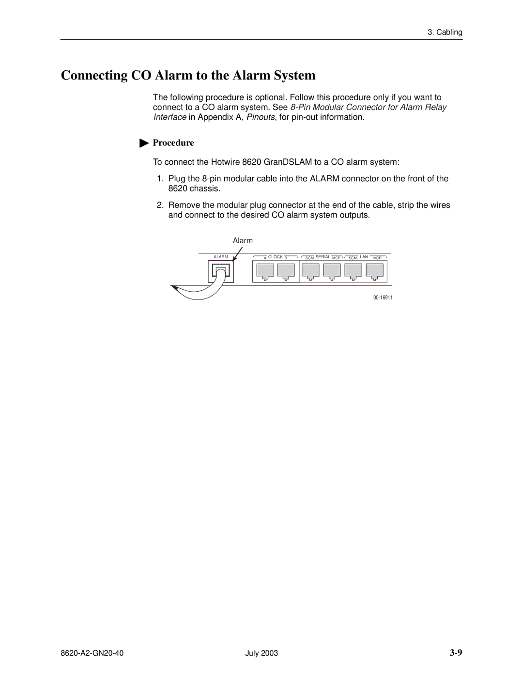 Paradyne Hotwire 8620 GranDSLAM Installation Guide manual Connecting CO Alarm to the Alarm System 