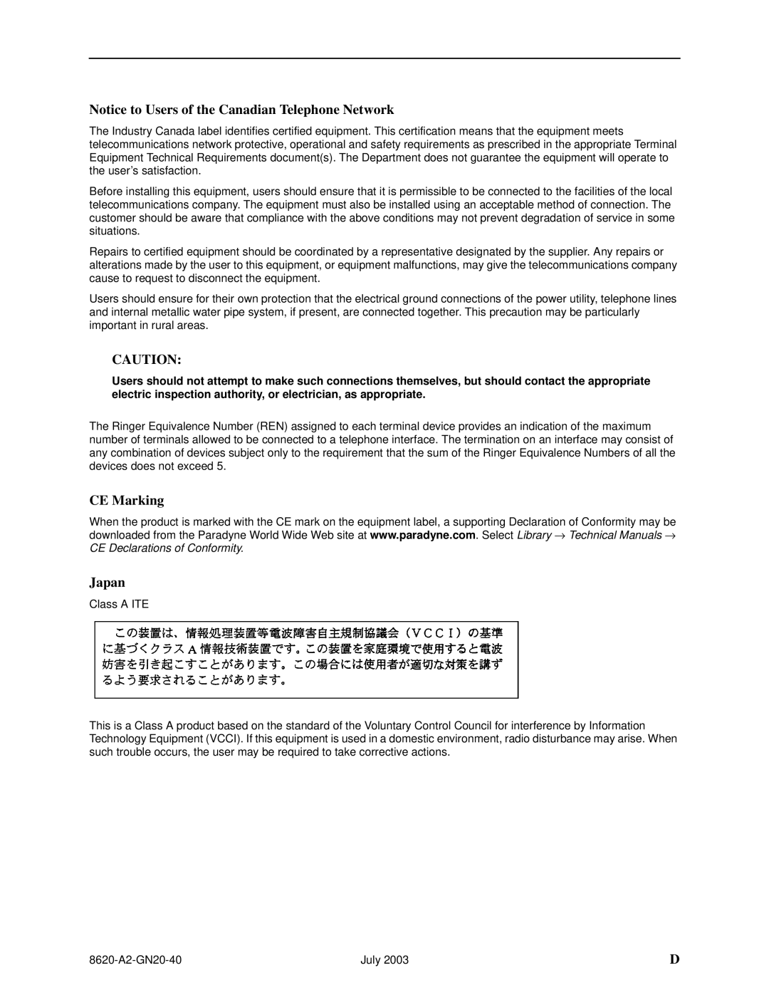 Paradyne Hotwire 8620 GranDSLAM Installation Guide manual CE Marking Japan 