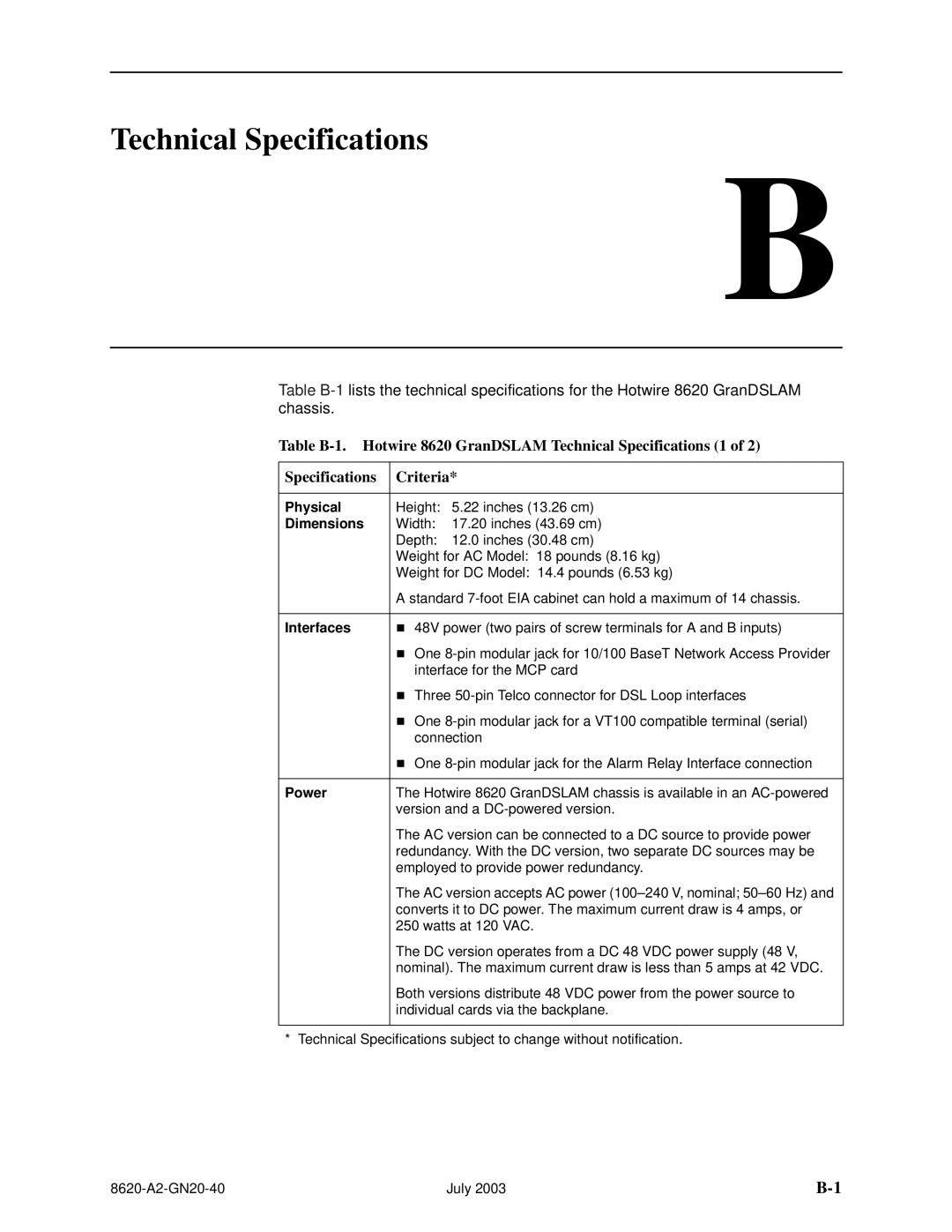 Paradyne Hotwire 8620 GranDSLAM Installation Guide manual Technical Specifications, Dimensions 