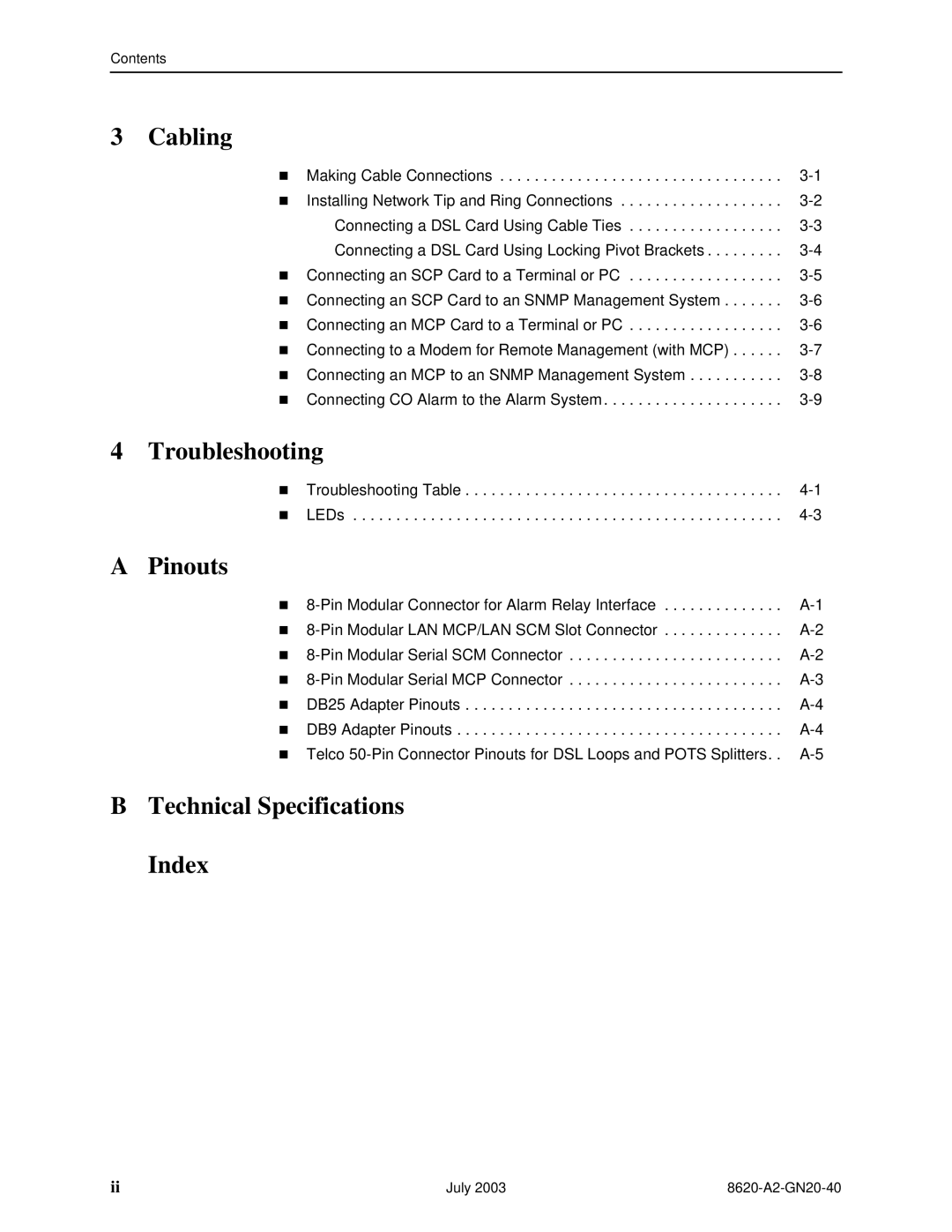 Paradyne Hotwire 8620 GranDSLAM Installation Guide Cabling, Troubleshooting, Pinouts, Technical Specifications Index 