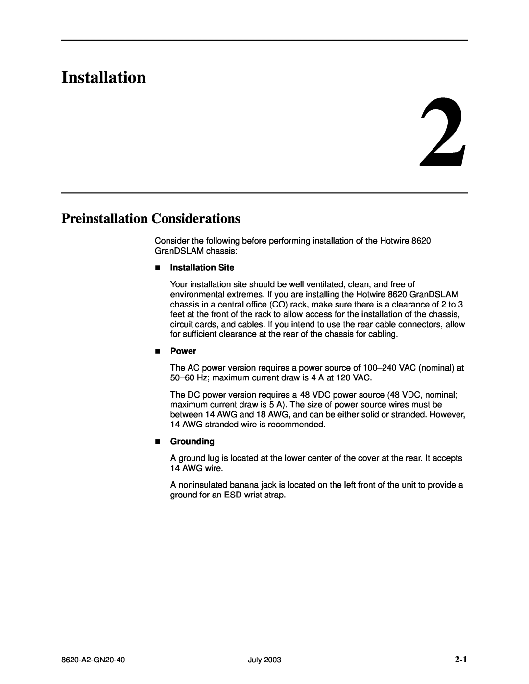 Paradyne Hotwire 8620 GranDSLAM Installation Guide manual Preinstallation Considerations 