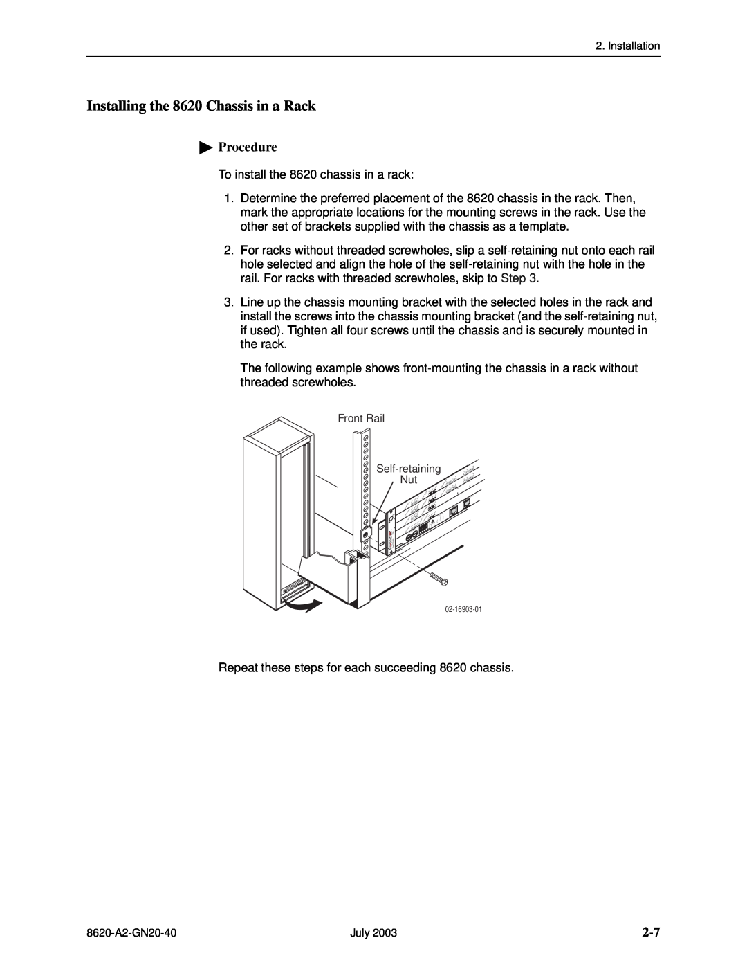 Paradyne Hotwire 8620 GranDSLAM Installation Guide manual Installing the 8620 Chassis in a Rack, Procedure 