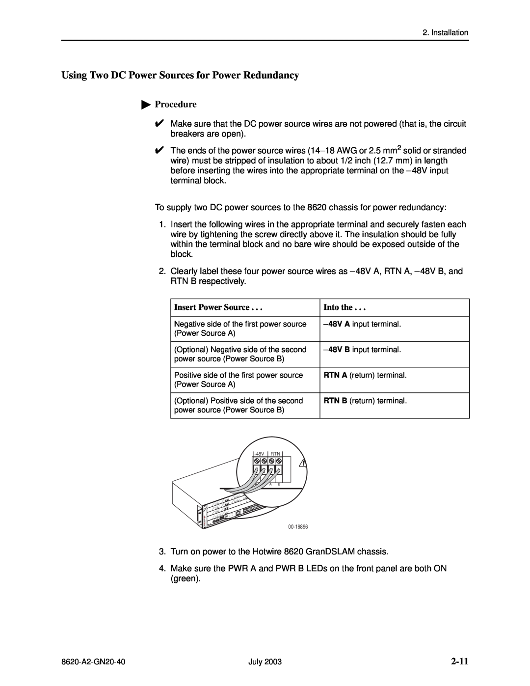Paradyne Hotwire 8620 GranDSLAM Installation Guide manual Using Two DC Power Sources for Power Redundancy, 2-11, Procedure 