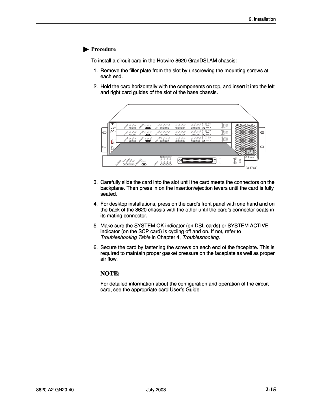 Paradyne Hotwire 8620 GranDSLAM Installation Guide manual 2-15, Procedure 