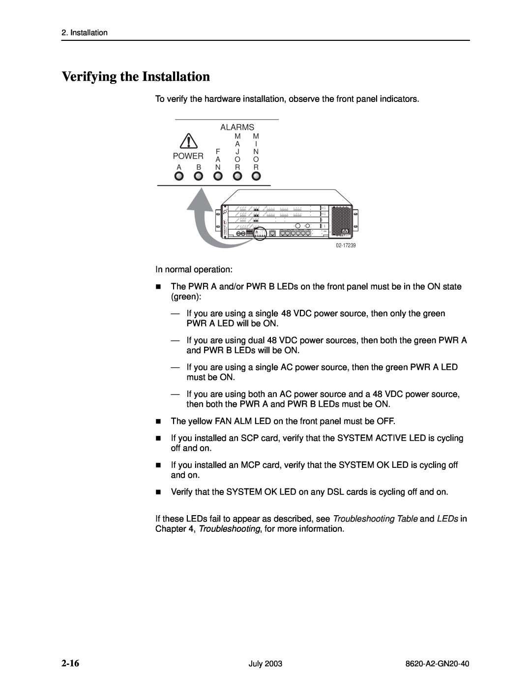 Paradyne Hotwire 8620 GranDSLAM Installation Guide manual Verifying the Installation, 2-16, Alarms 