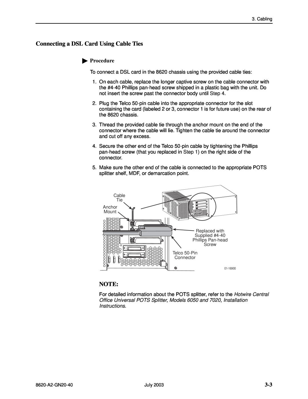 Paradyne Hotwire 8620 GranDSLAM Installation Guide manual Connecting a DSL Card Using Cable Ties, Procedure, Instructions 
