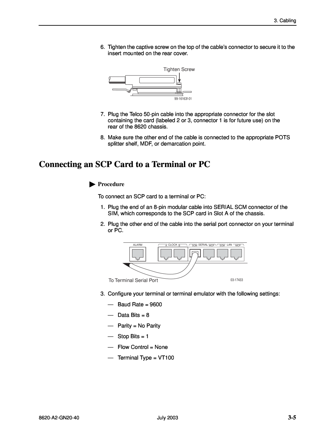 Paradyne Hotwire 8620 GranDSLAM Installation Guide manual Connecting an SCP Card to a Terminal or PC, Procedure 