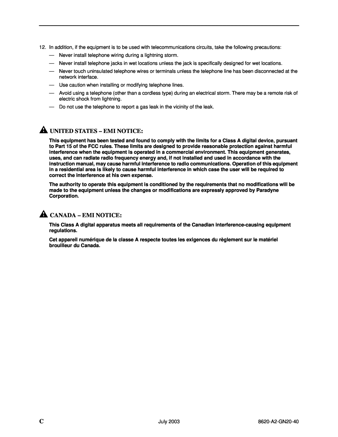 Paradyne Hotwire 8620 GranDSLAM Installation Guide manual United States - Emi Notice, Canada - Emi Notice 