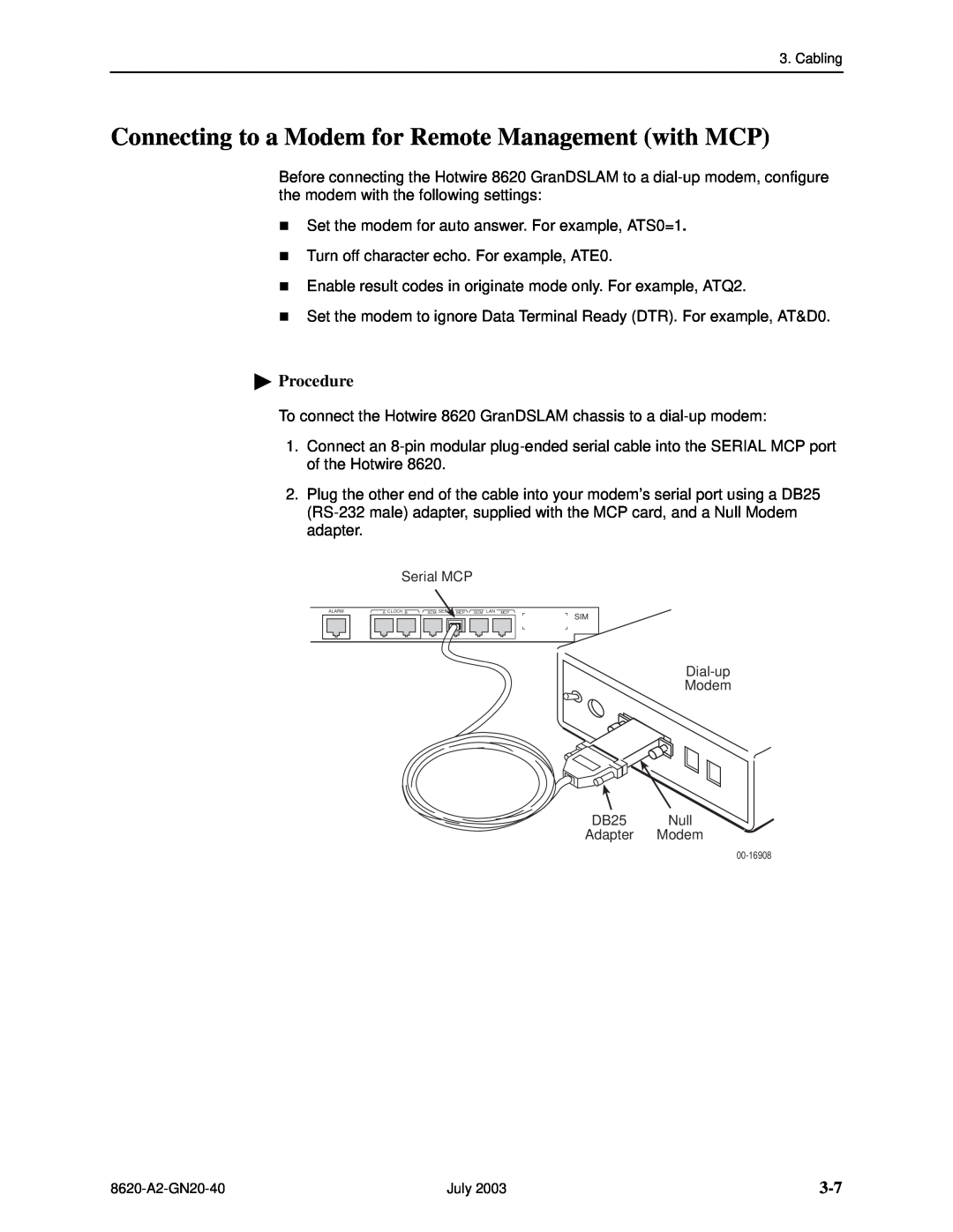 Paradyne Hotwire 8620 GranDSLAM Installation Guide manual Connecting to a Modem for Remote Management with MCP, Procedure 