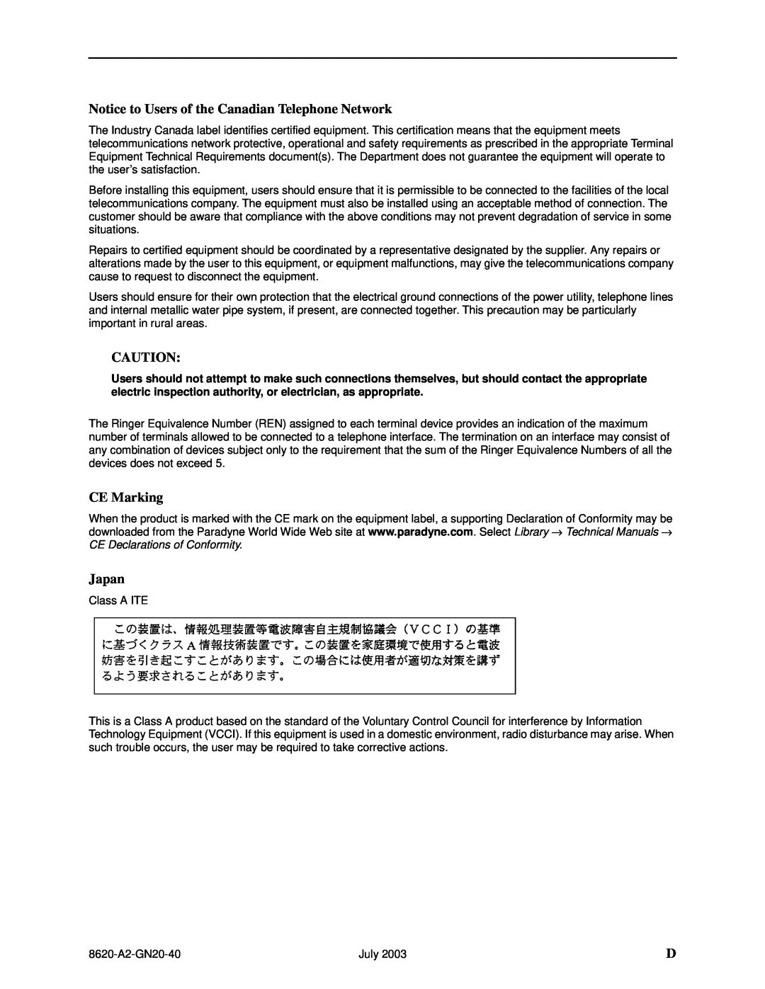 Paradyne Hotwire 8620 GranDSLAM Installation Guide Notice to Users of the Canadian Telephone Network, CE Marking, Japan 