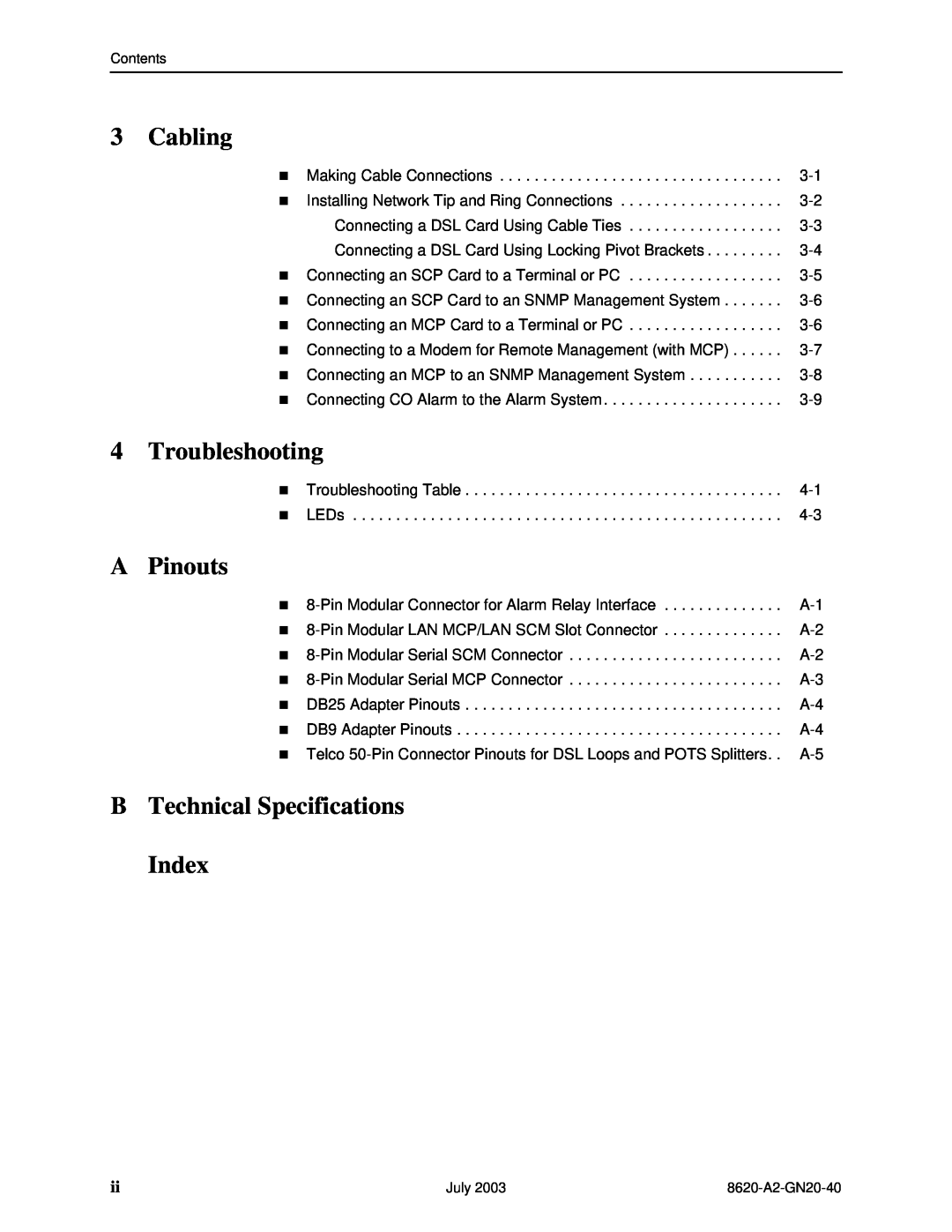 Paradyne 8620 manual Cabling, Troubleshooting, A Pinouts, B Technical Specifications Index 