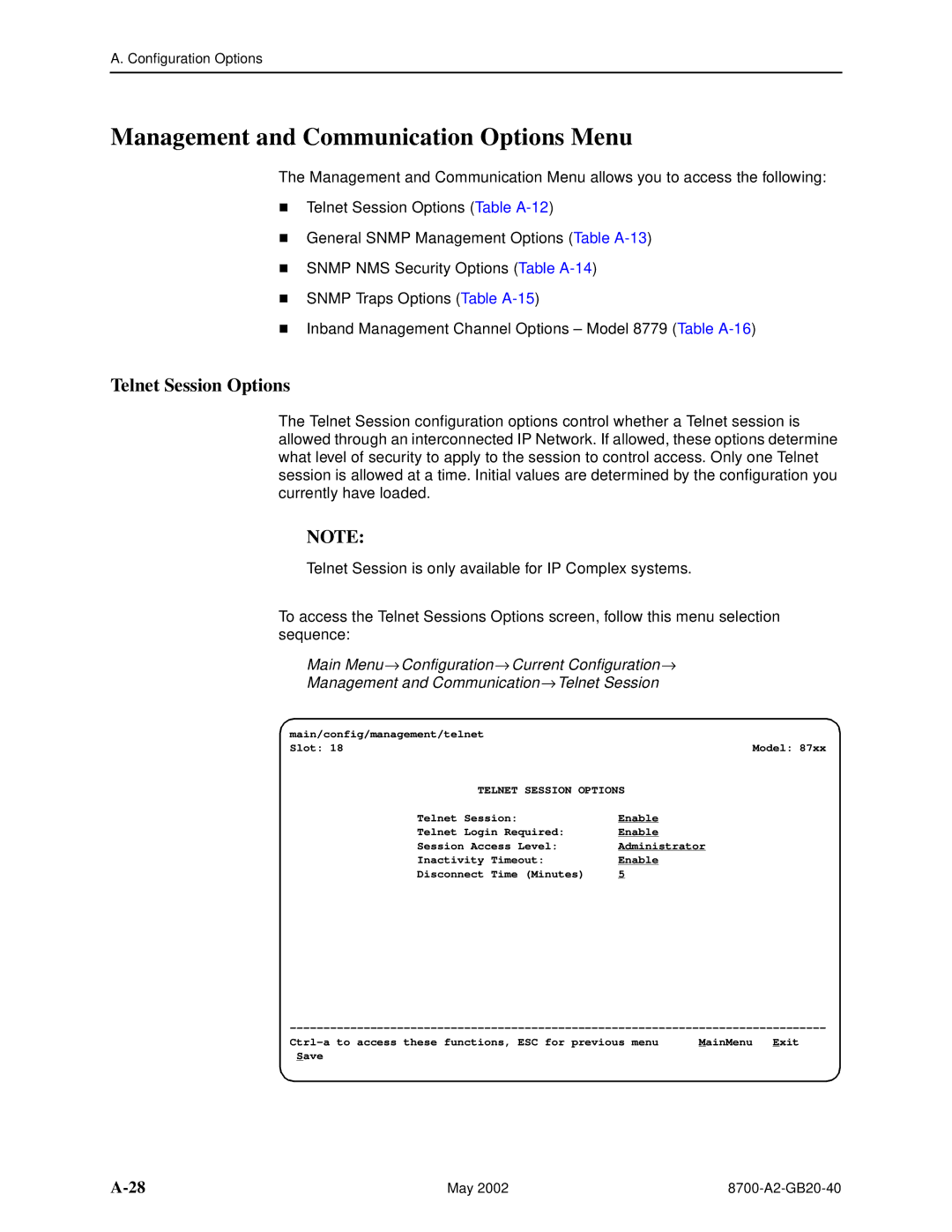 Paradyne 8779, U8777 manual Management and Communication Options Menu, Telnet Session Options 