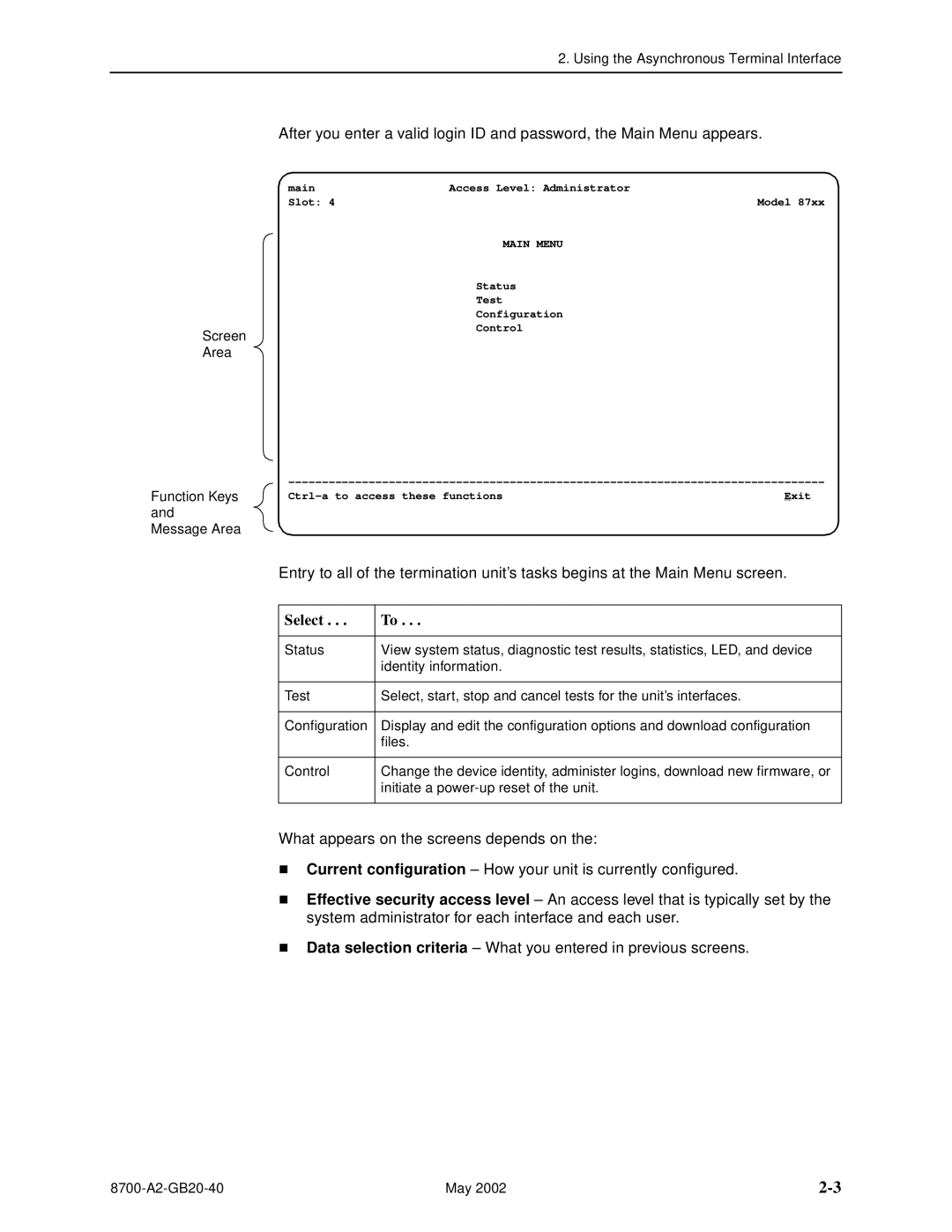 Paradyne U8777, 8779 manual Select, Main Menu 