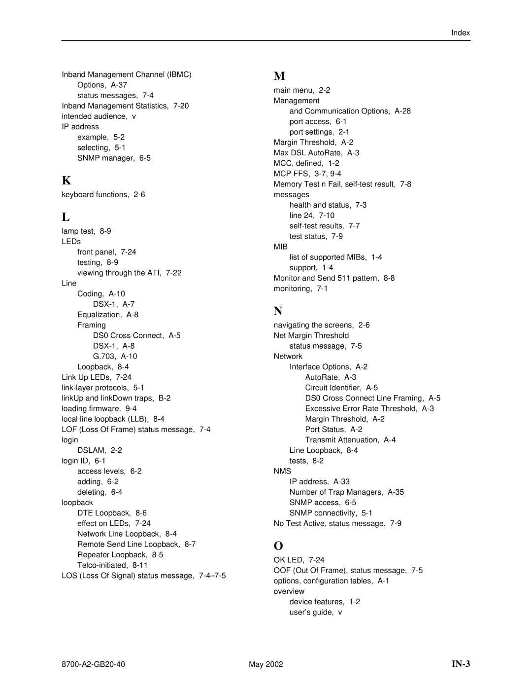 Paradyne U8777, 8779 manual IN-3 