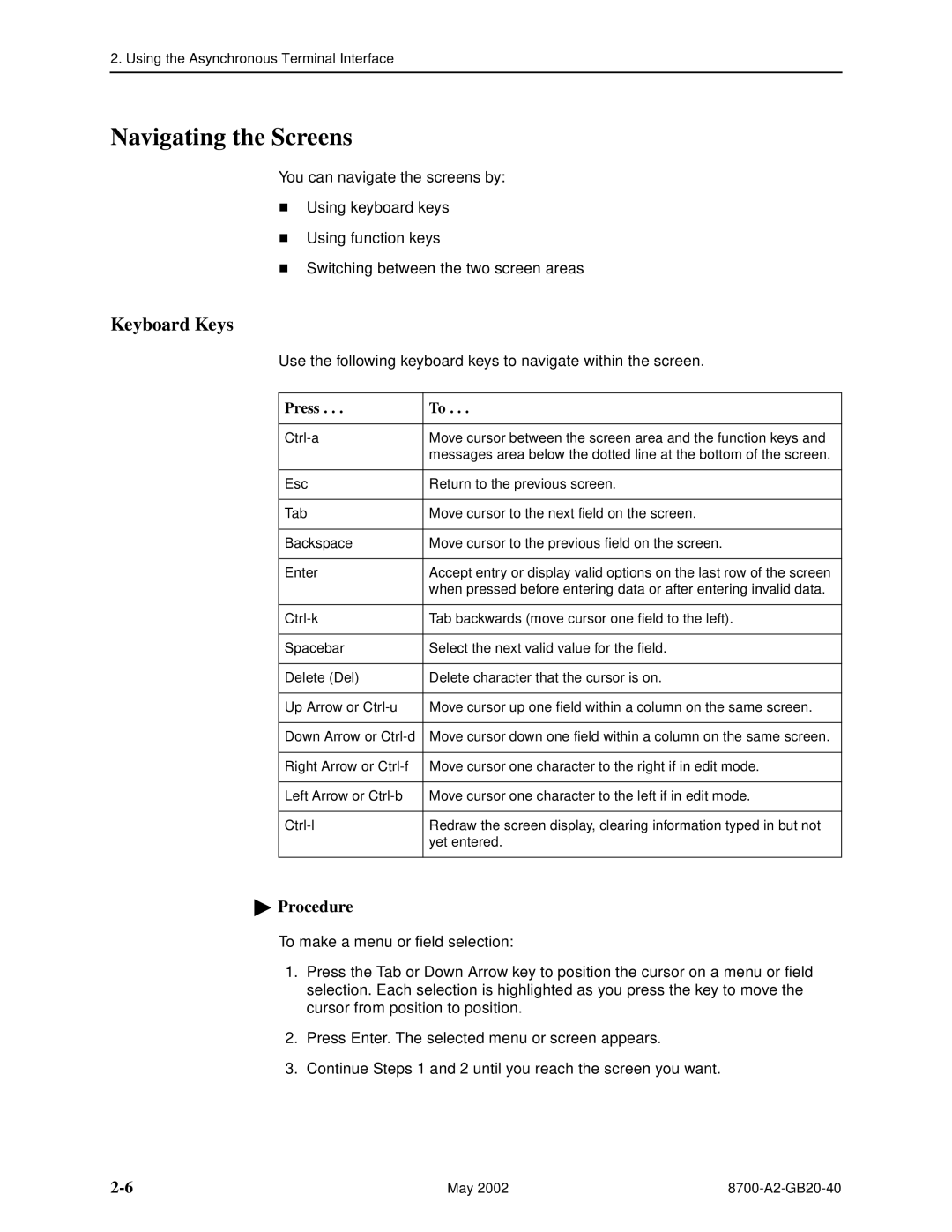 Paradyne 8779, U8777 manual Navigating the Screens, Keyboard Keys, Press 