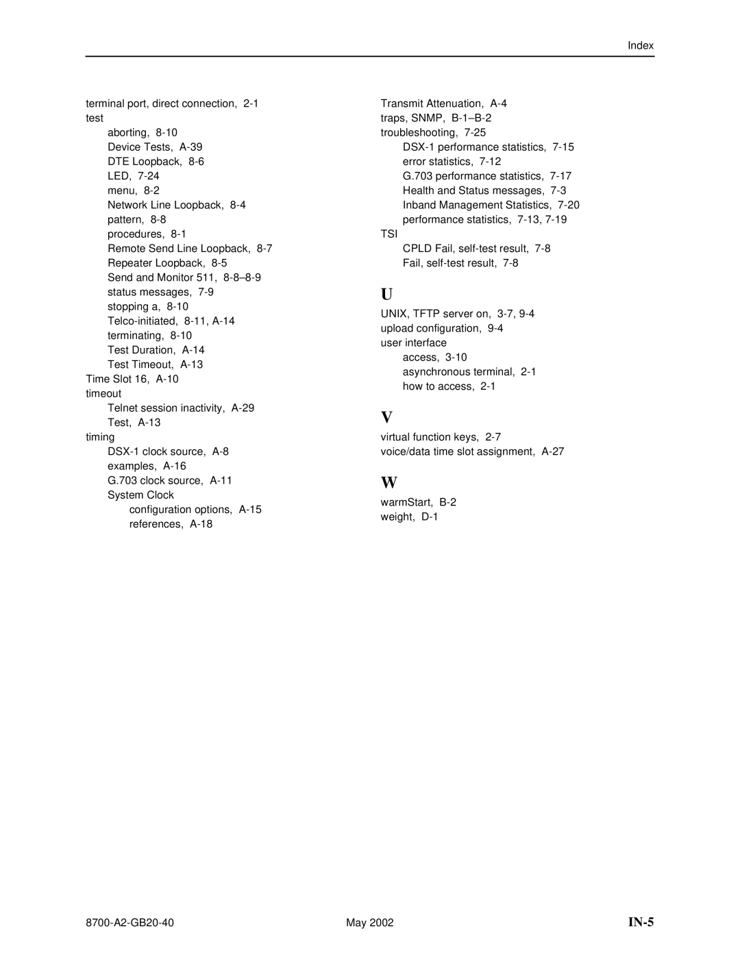 Paradyne U8777, 8779 manual IN-5 