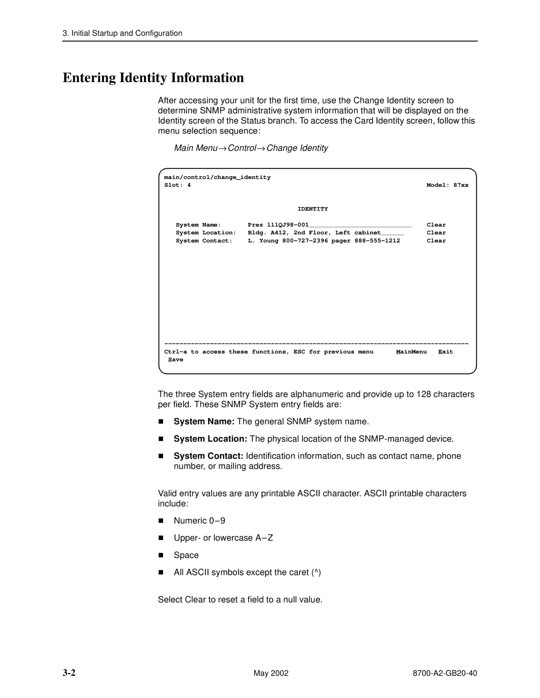 Paradyne 8779, U8777 manual Entering Identity Information, Main Menu → Control→ Change Identity 