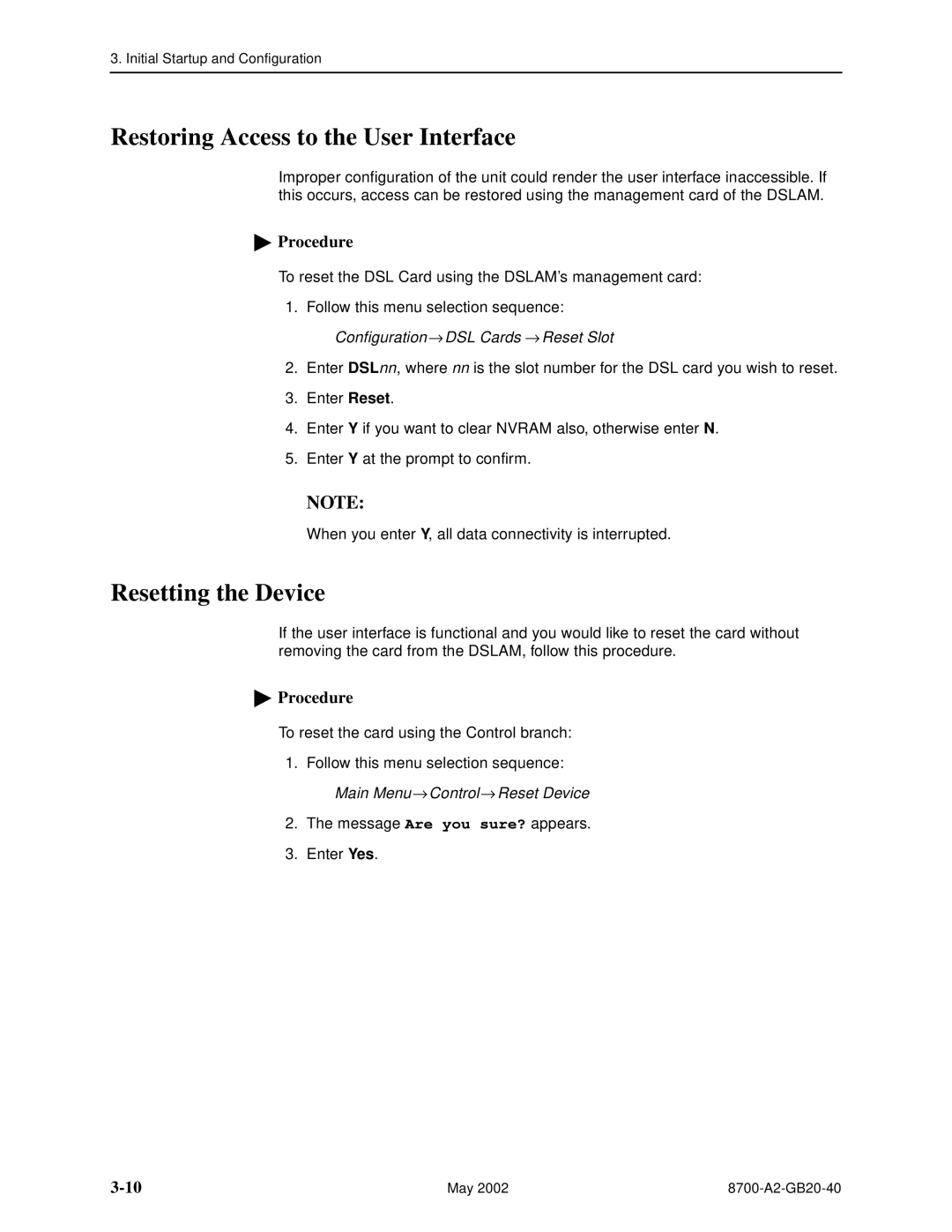 Paradyne 8779, U8777 manual Restoring Access to the User Interface, Resetting the Device 