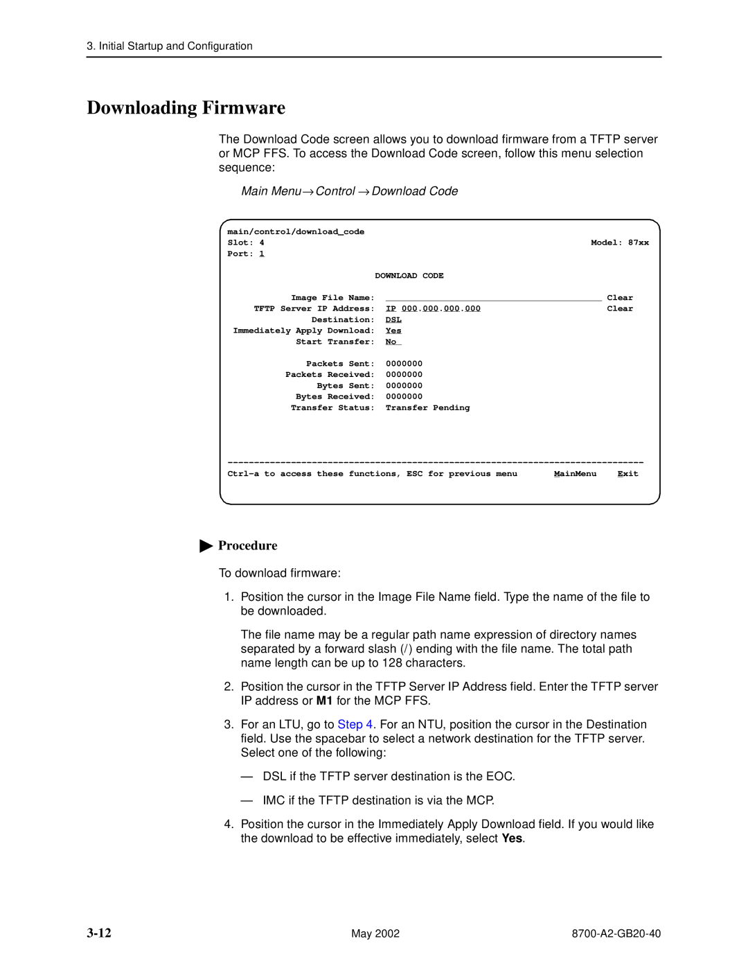 Paradyne 8779, U8777 manual Downloading Firmware, Main Menu → Control → Download Code 