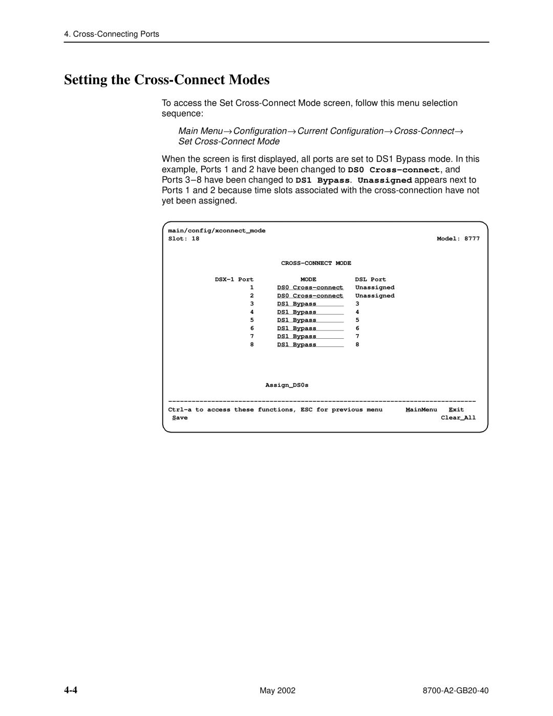 Paradyne 8779, U8777 manual Setting the Cross-Connect Modes 