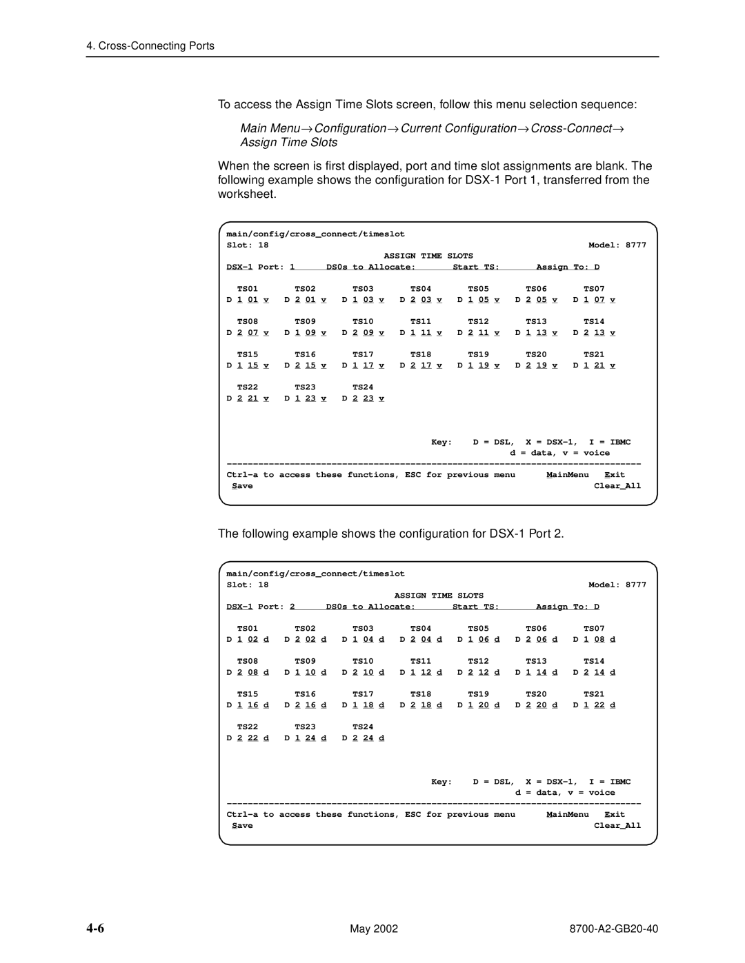 Paradyne 8779, U8777 manual Following example shows the configuration for DSX-1 Port, Assign Time Slots 