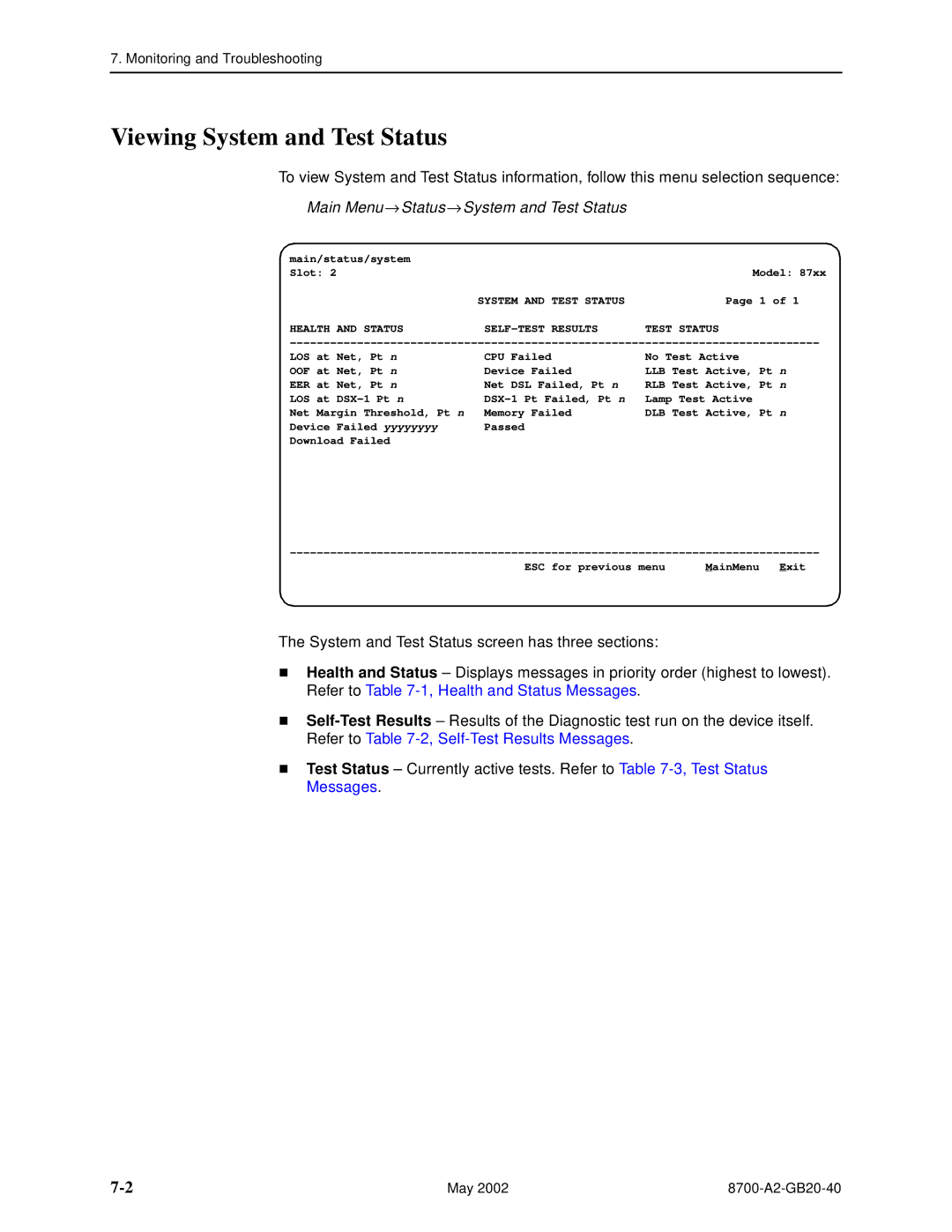 Paradyne 8779, U8777 manual Viewing System and Test Status, Main Menu → Status→ System and Test Status 