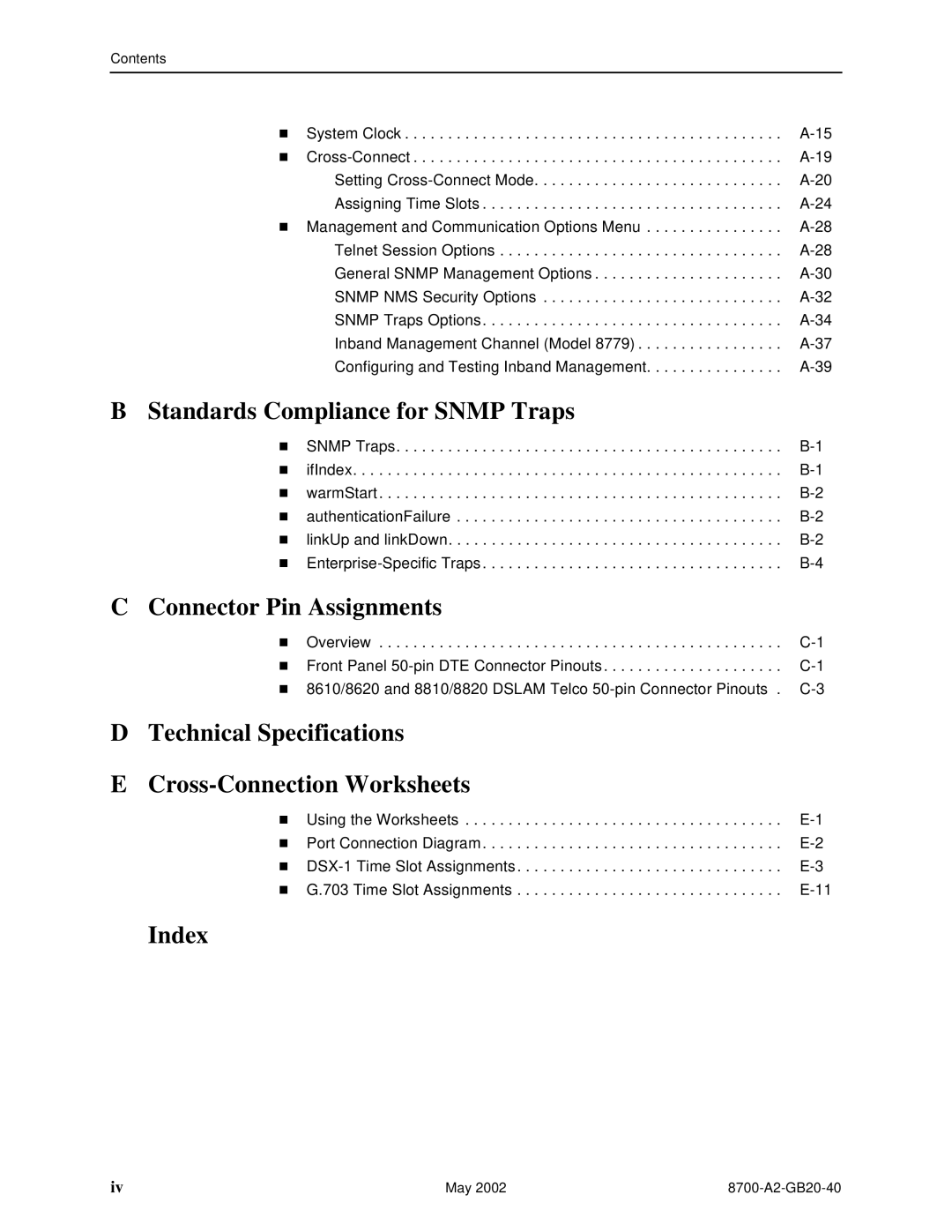 Paradyne 8779, U8777 manual Standards Compliance for Snmp Traps, Connector Pin Assignments, Index 