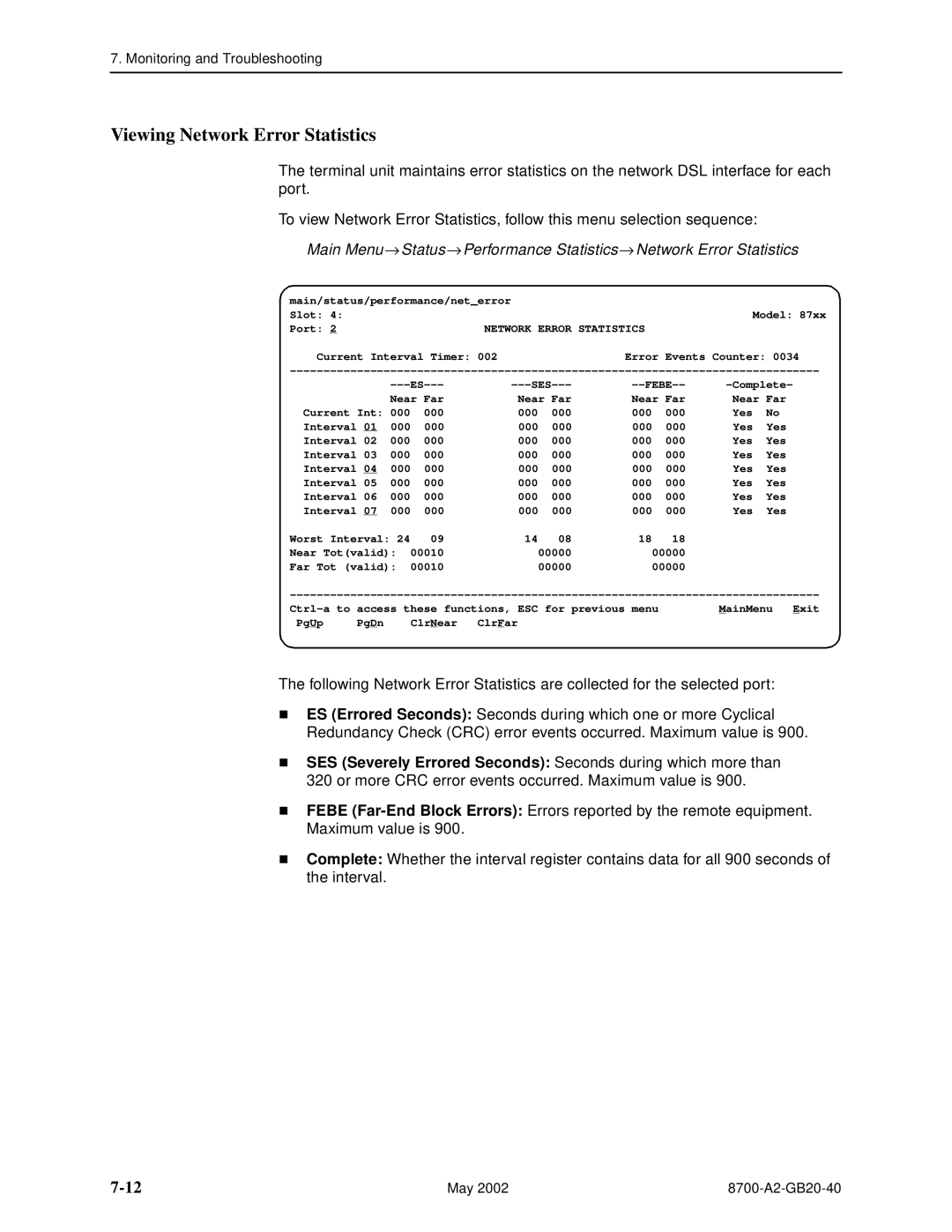 Paradyne 8779, U8777 manual Viewing Network Error Statistics 